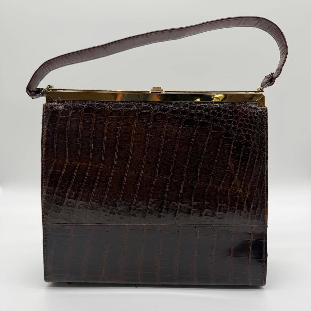 Vintage Genuine Alligator Skin Handbag Dark Brown Leather Frame Bag Gold Clasp